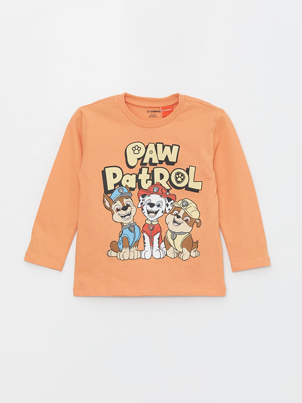 Turuncu Bisiklet Yaka Uzun Kollu Paw Patrol Baskılı Erkek Bebek Tişört
