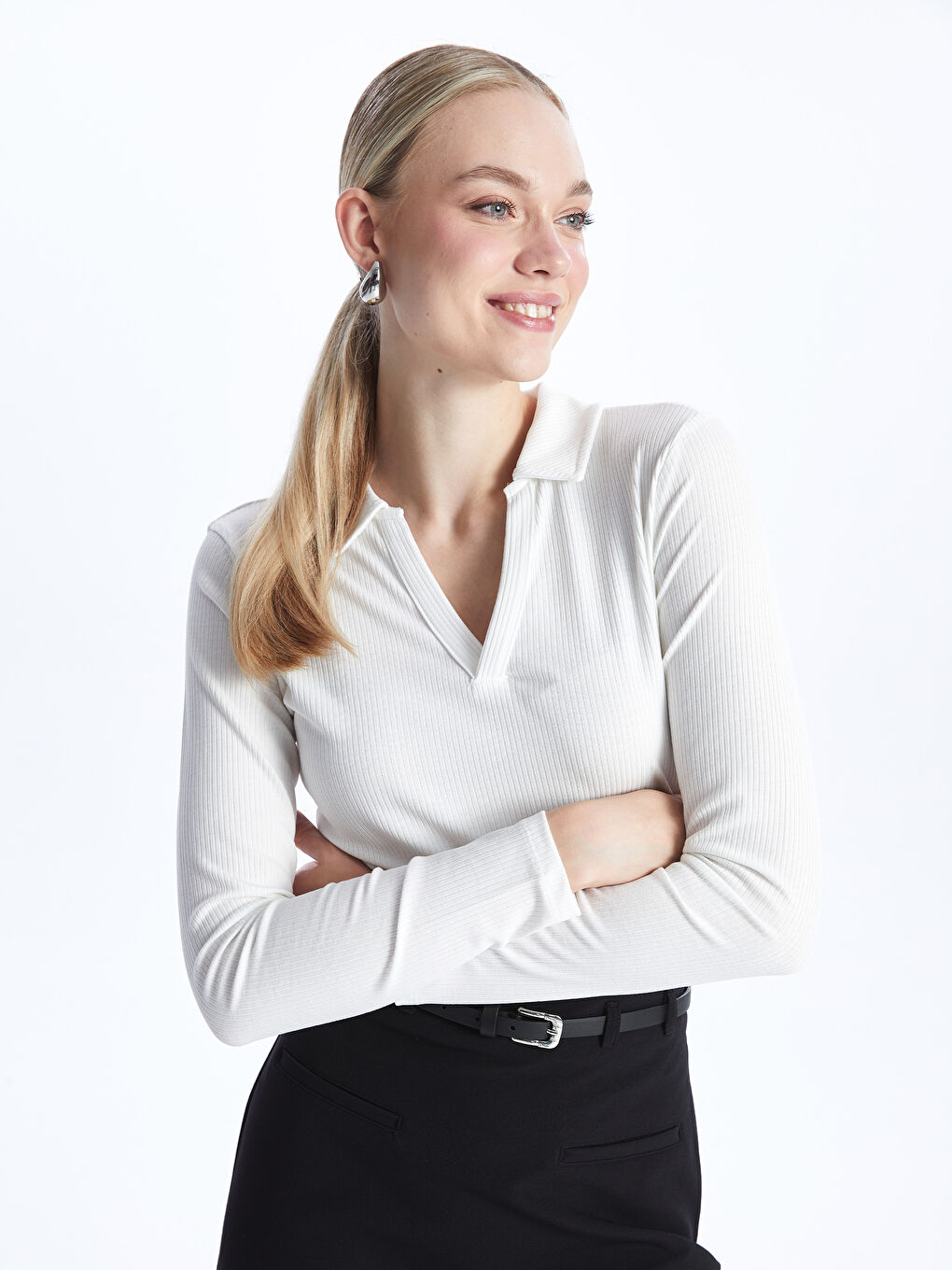 Polo Neck Regular Long Sleeve Women's T-shirt -S48272Z8-R9J