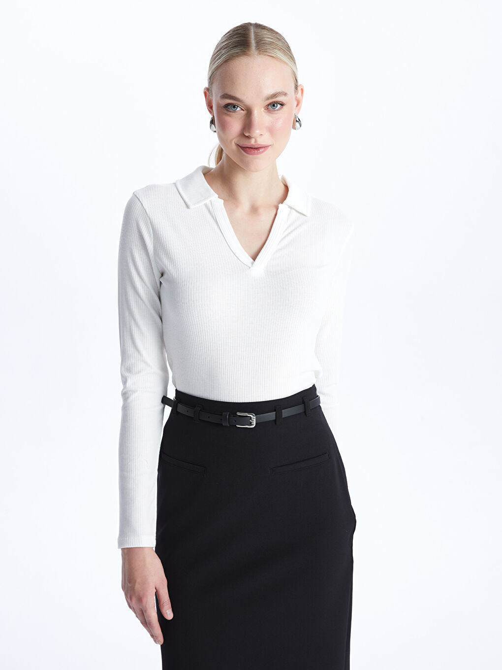 Polo Neck Regular Long Sleeve Women's T-shirt -S48272Z8-R9J