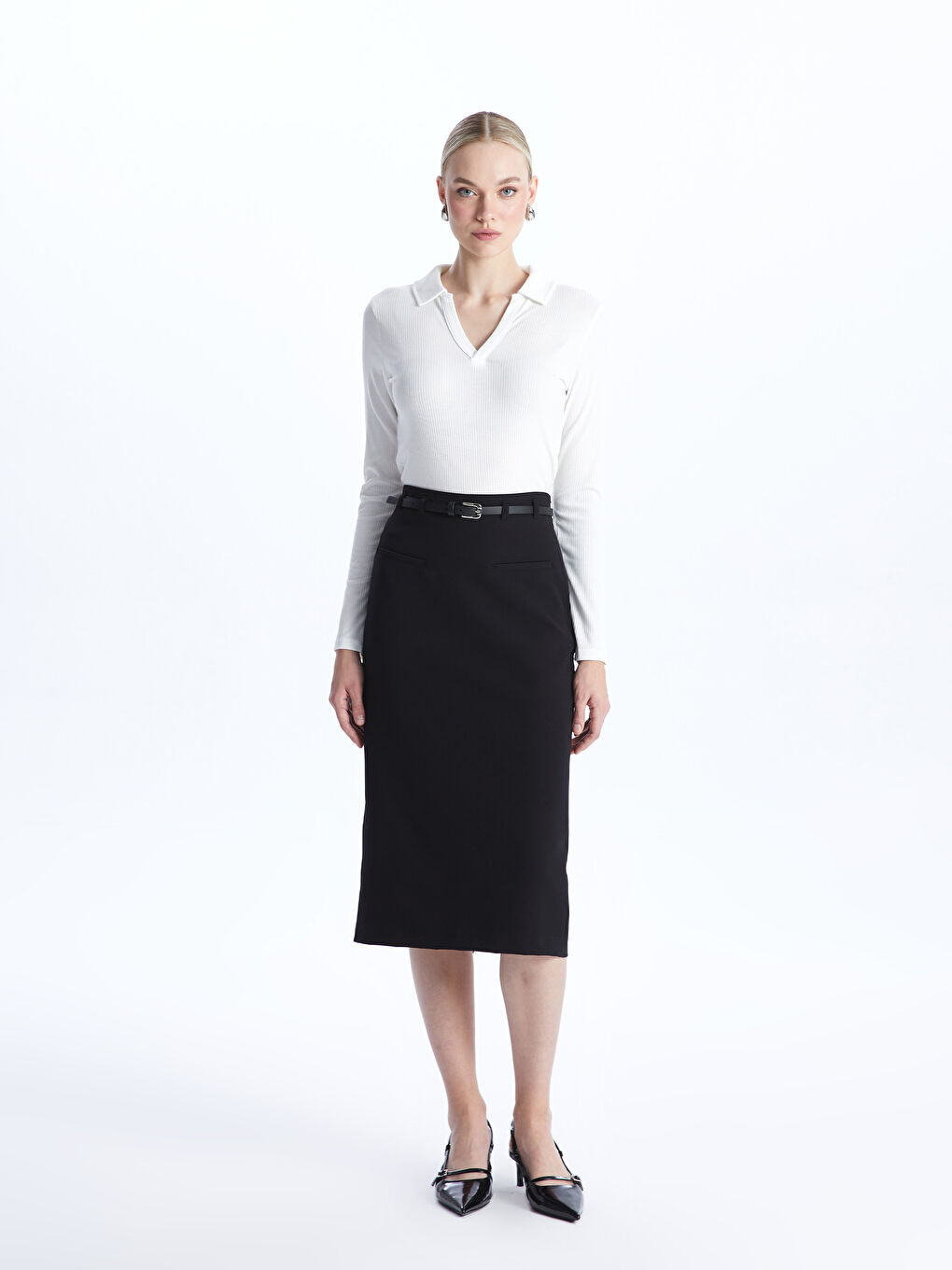 Polo Neck Regular Long Sleeve Women's T-shirt -S48272Z8-R9J
