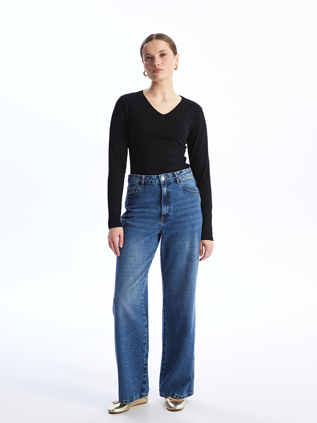 Siyah V Yaka Düz Uzun Kollu Kadın Tişört-2