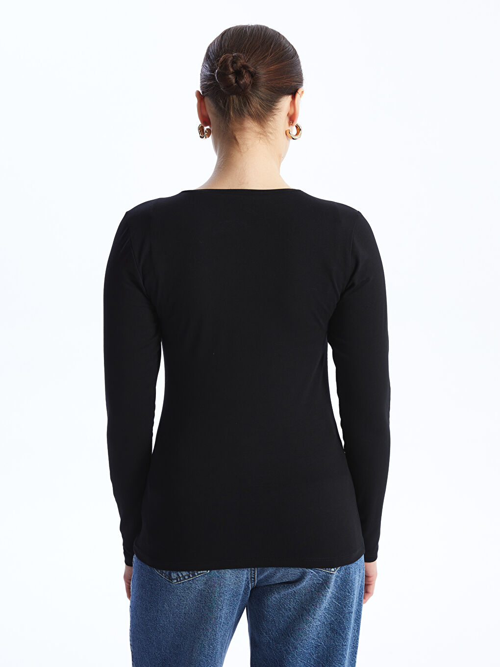 Siyah V Yaka Düz Uzun Kollu Kadın Tişört-4