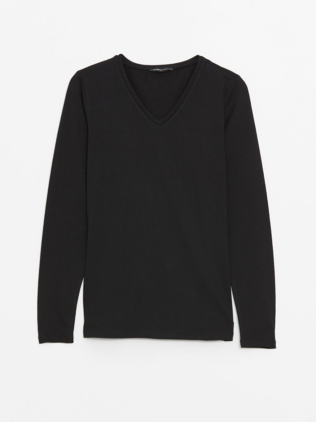 Siyah V Yaka Düz Uzun Kollu Kadın Tişört-5