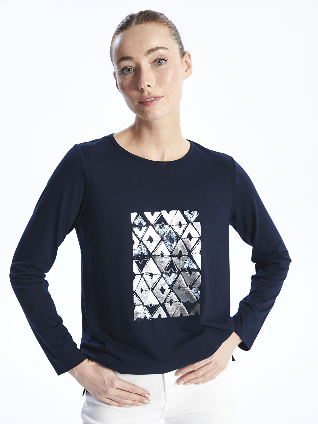 Crew Neck Printed Long Sleeve Women's T-shirt -S48286Z8-E1J