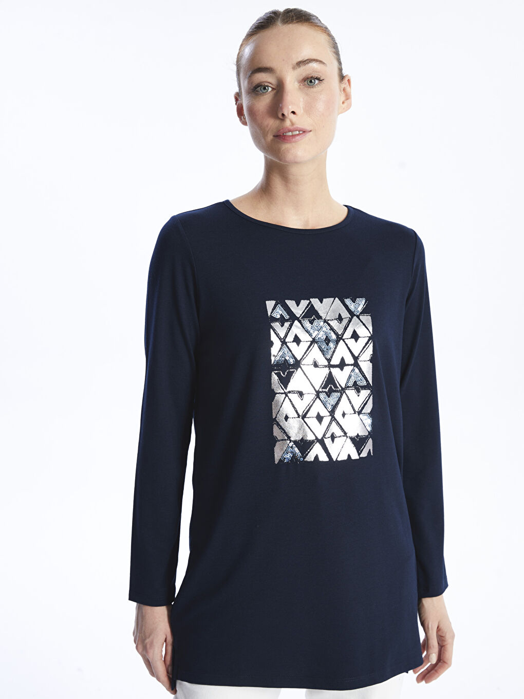 Crew Neck Printed Long Sleeve Women's T-shirt -S48286Z8-E1J