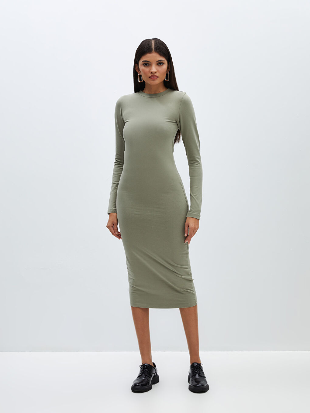 LCW Vision Crew Neck Plain Long Sleeve Women's Bodycon Dress -S48304Z8-GNZ