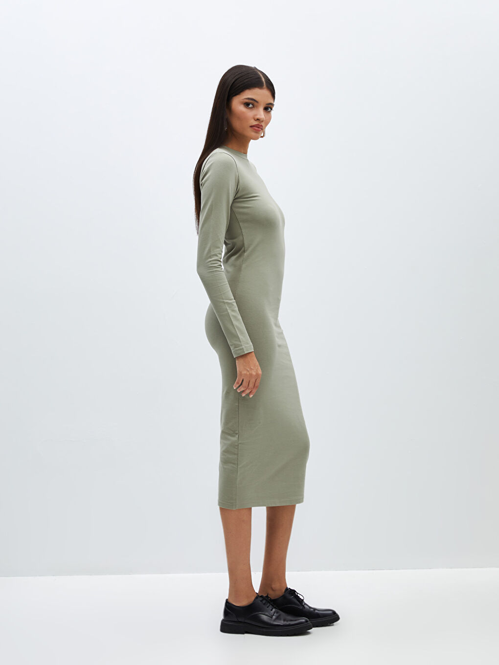 LCW Vision Crew Neck Plain Long Sleeve Women's Bodycon Dress -S48304Z8-GNZ