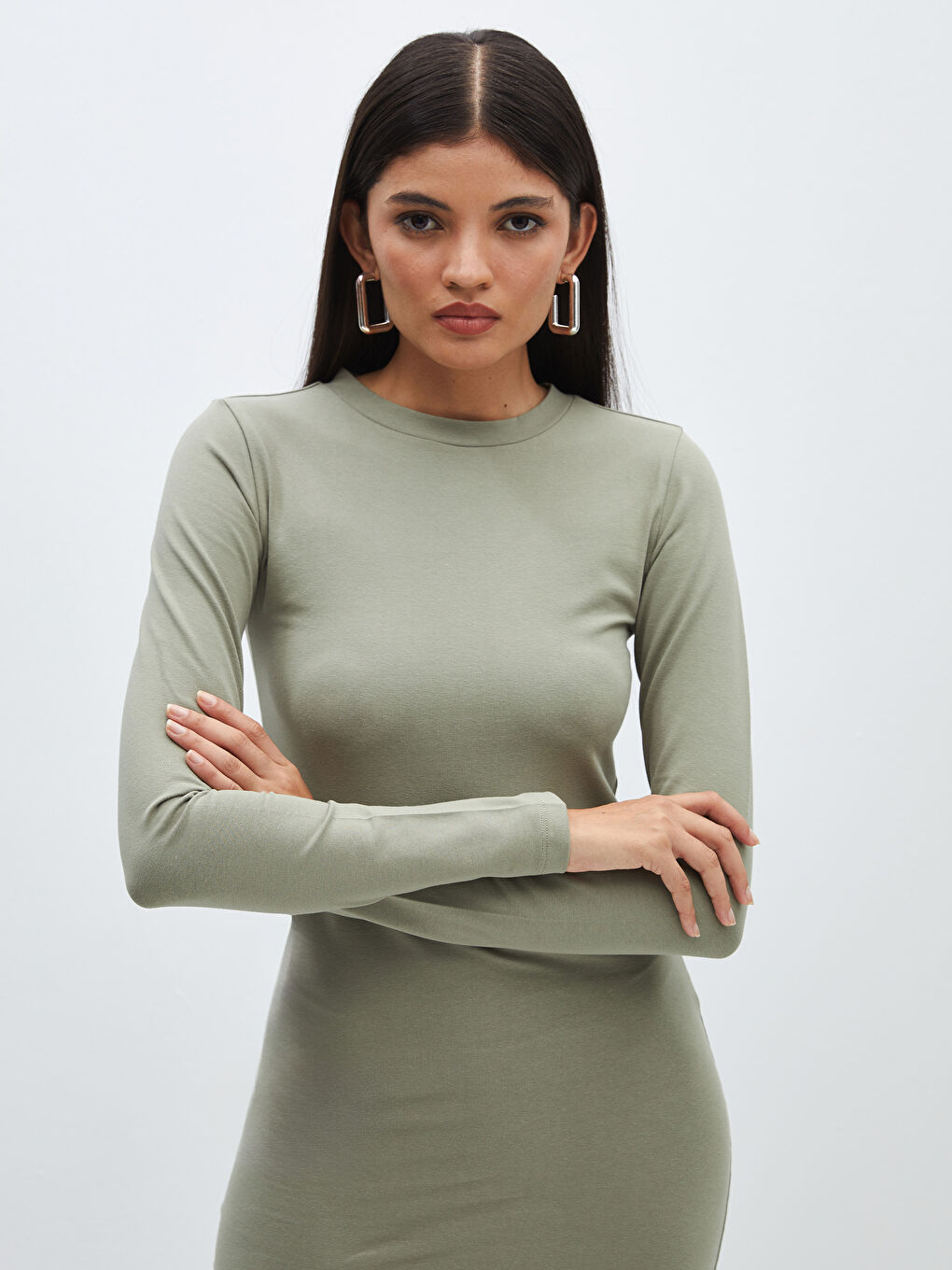 LCW Vision Crew Neck Plain Long Sleeve Women's Bodycon Dress -S48304Z8-GNZ