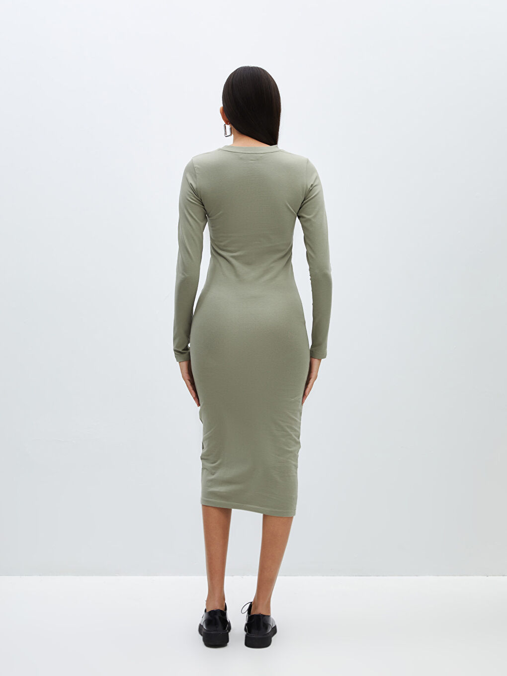 LCW Vision Crew Neck Plain Long Sleeve Women's Bodycon Dress -S48304Z8-GNZ