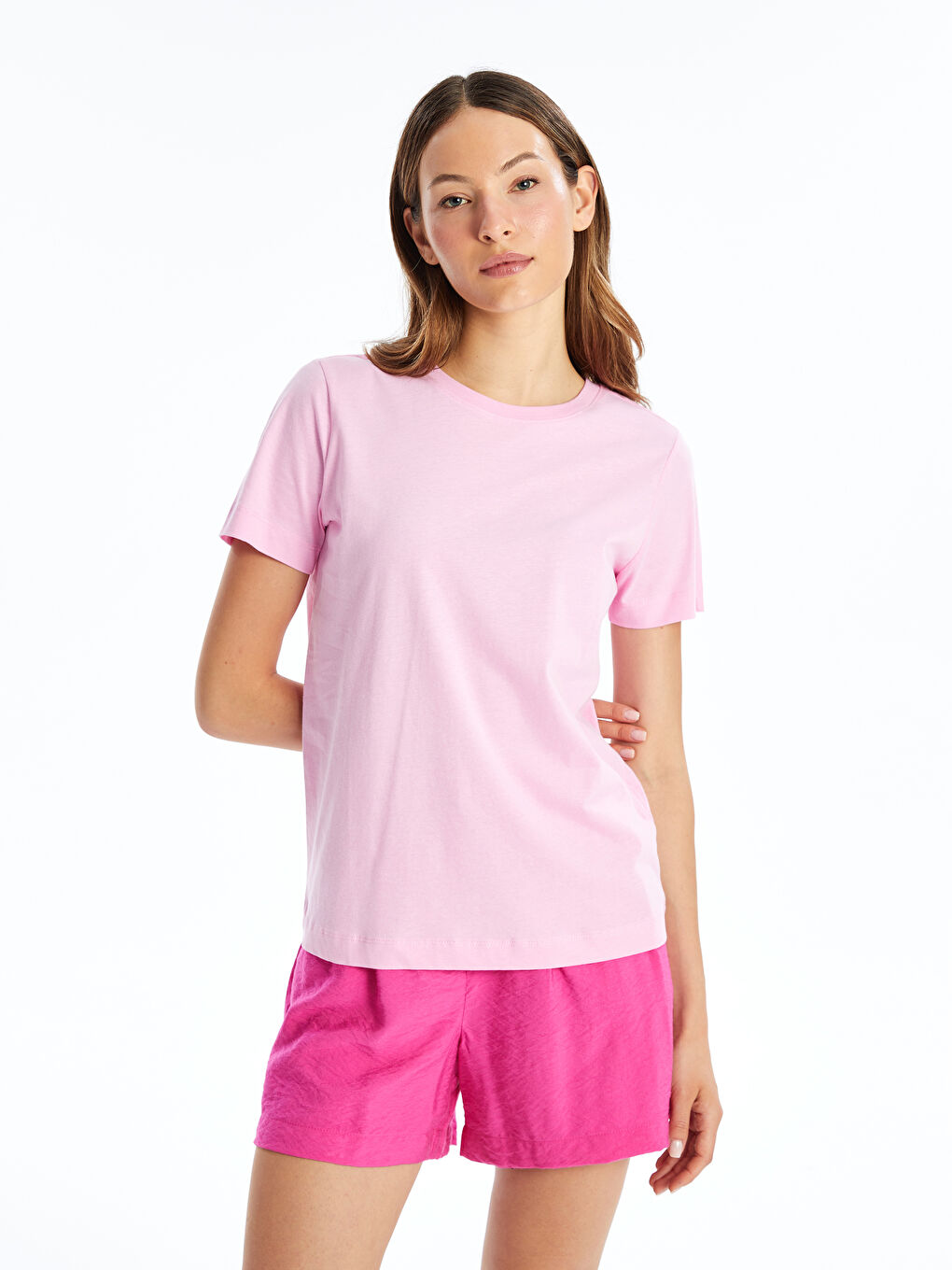 T-shirt pour Femmes à Manches Courtes Uni à Col Rond