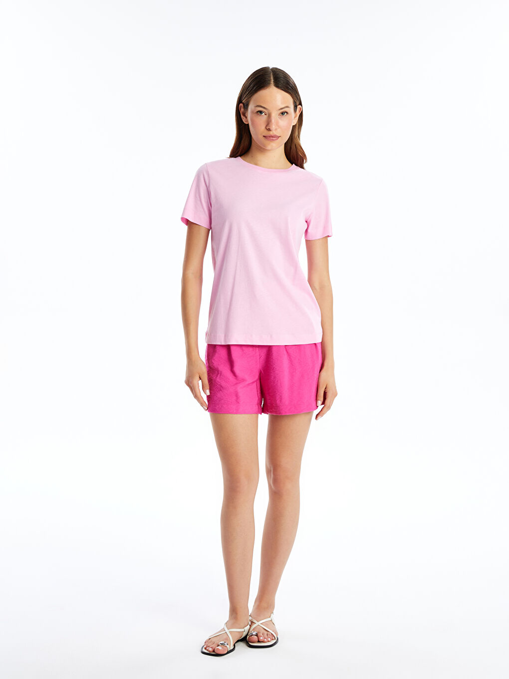 T-shirt pour Femmes à Manches Courtes Uni à Col Rond-1