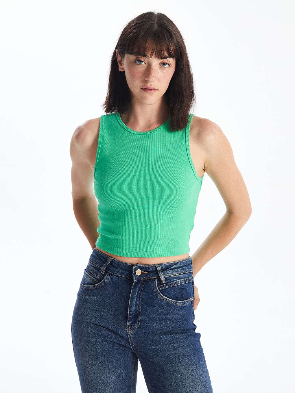 Women's Crew Neck Plain Crop Top -S48344Z8-FNZ