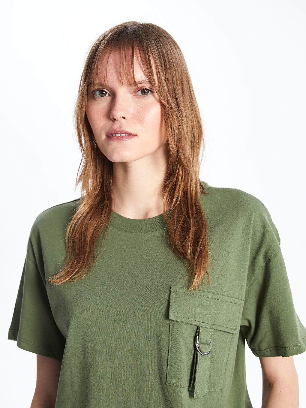 Yeşil Bisiklet Yaka Düz Kısa Kollu Kadın Tişört-1