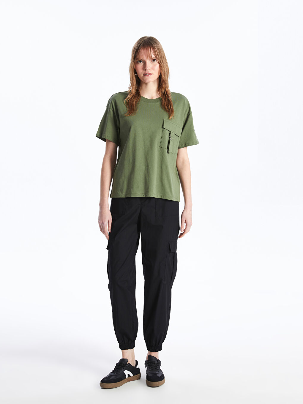 Yeşil Bisiklet Yaka Düz Kısa Kollu Kadın Tişört-2