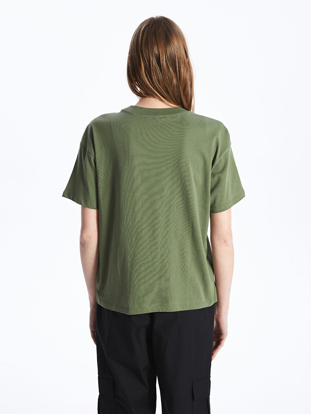 Yeşil Bisiklet Yaka Düz Kısa Kollu Kadın Tişört-4