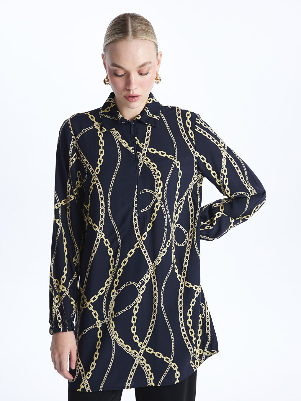 Long Sleeve Women's Tunic With Shirt Collar Pattern -S48415Z8-LSJ
