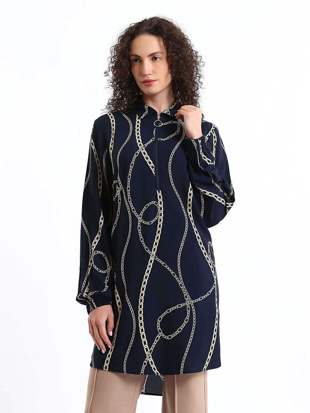 Collared Neck Patterned Long Sleeve Women's Tunic-1