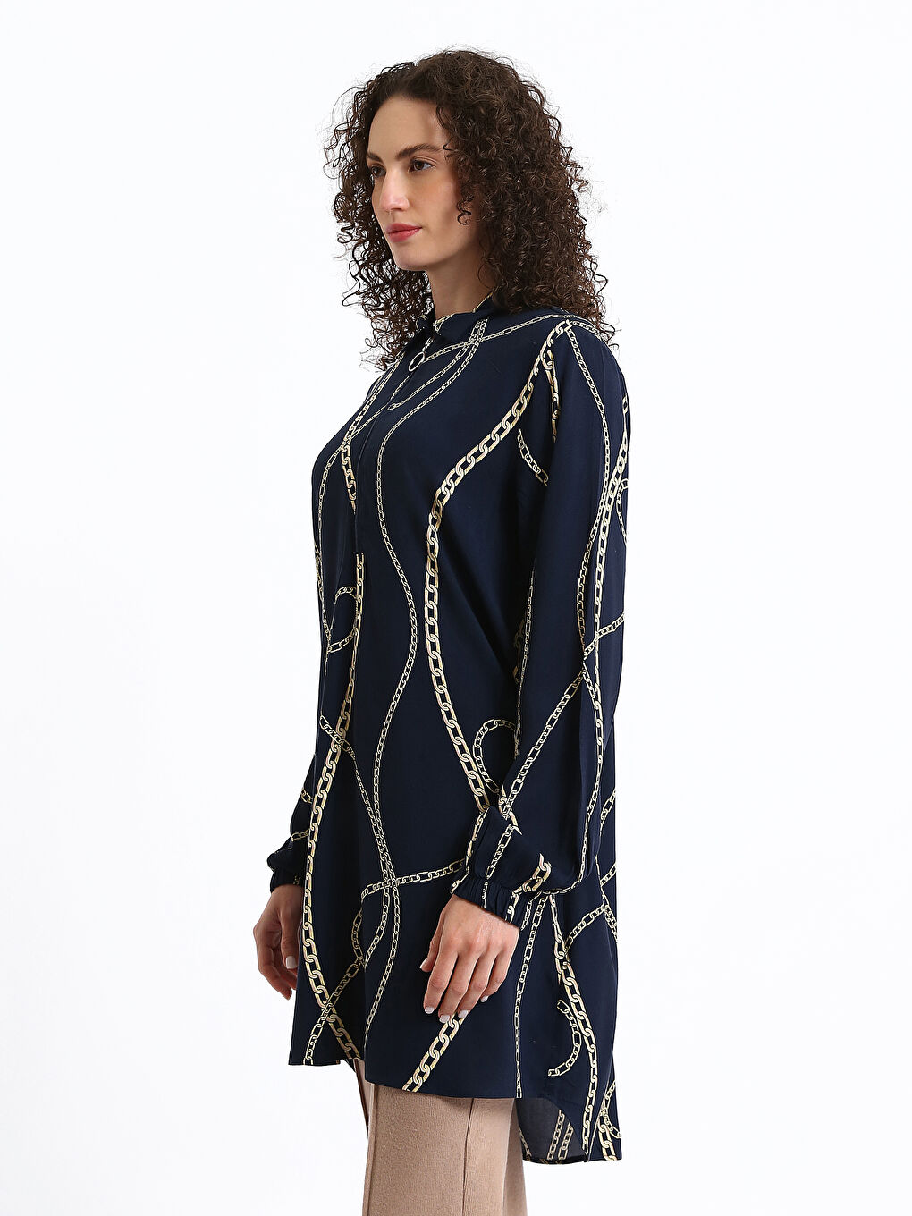 Collared Neck Patterned Long Sleeve Women's Tunic-5