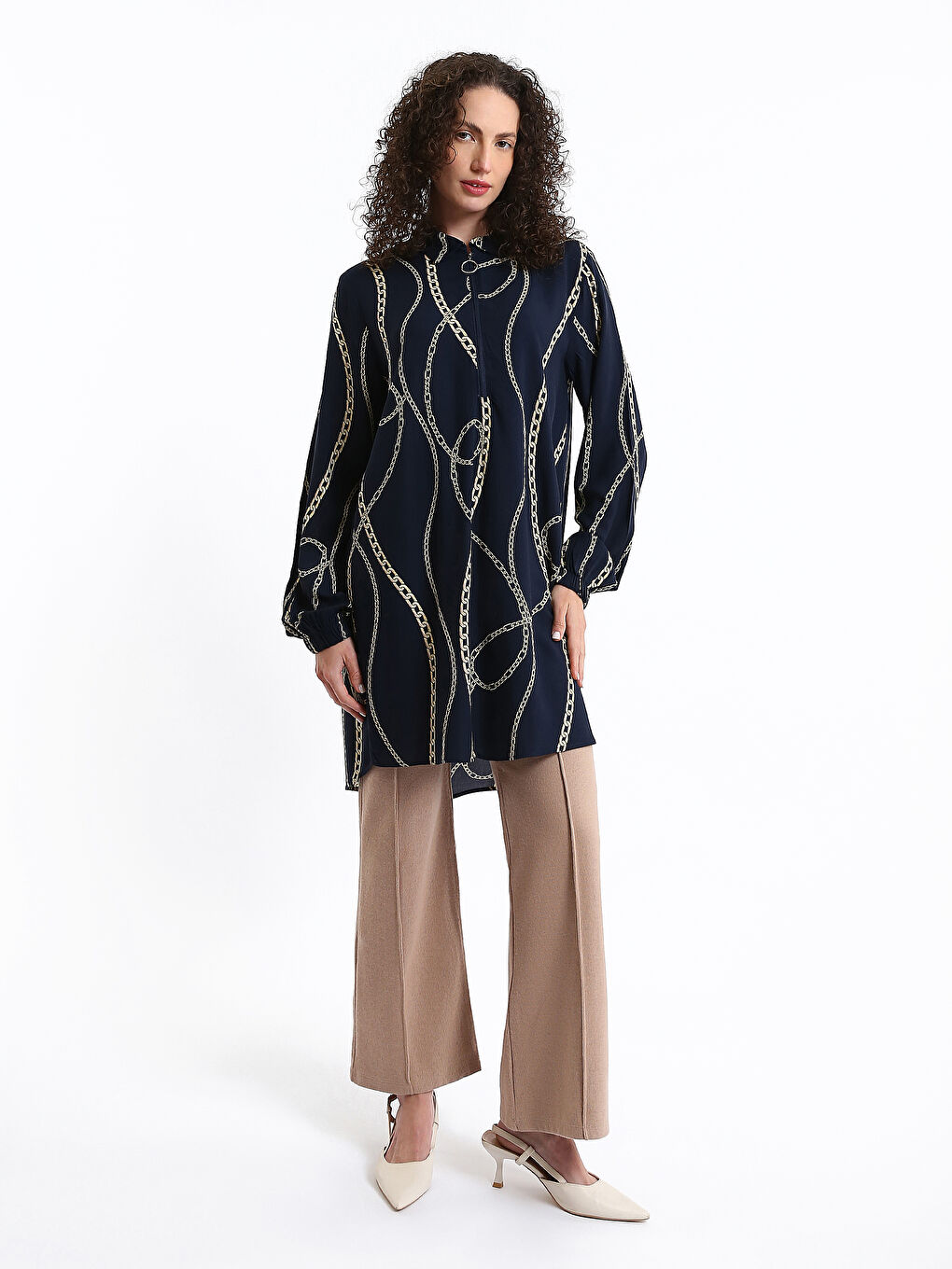 Collared Neck Patterned Long Sleeve Women's Tunic-2