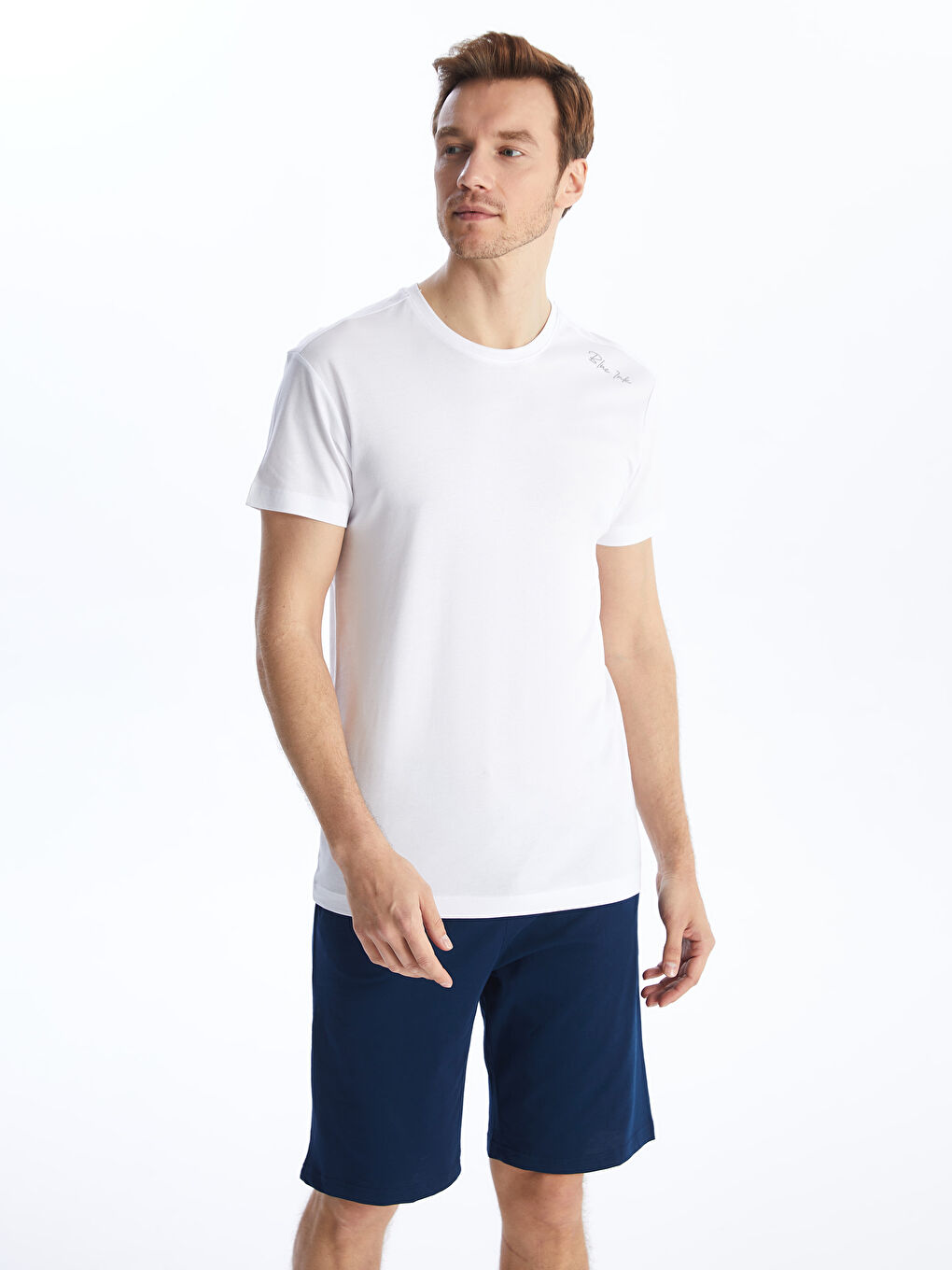 Beyaz Bisiklet Yaka Kısa Kollu Erkek Pijama Üst