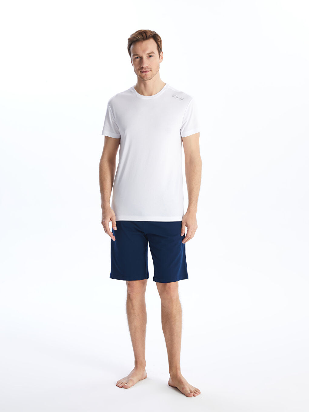 Beyaz Bisiklet Yaka Kısa Kollu Erkek Pijama Üst-1