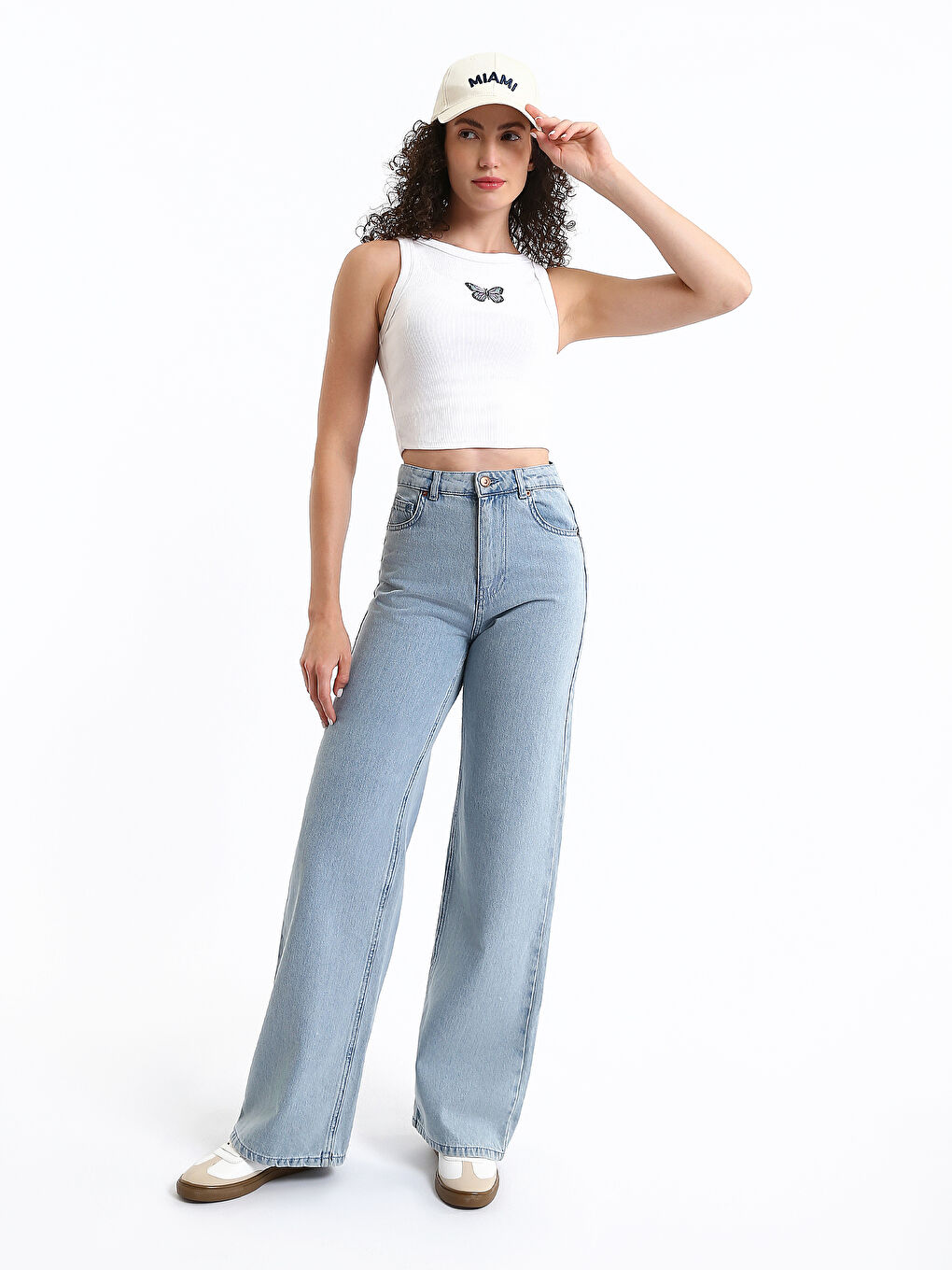 Yüksek Bel Wideleg Kadın Kargo Jean Pantolon-1