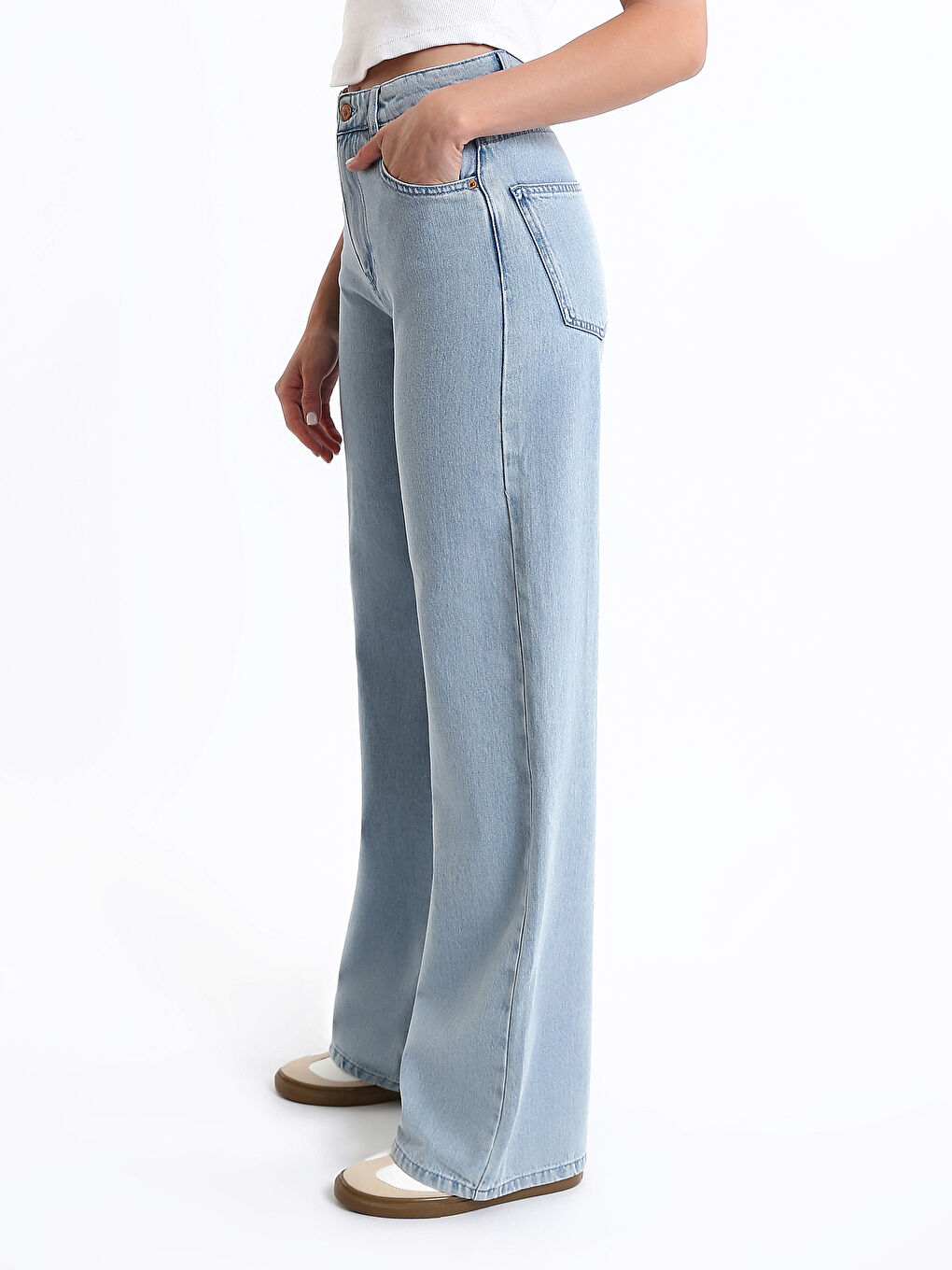 Yüksek Bel Wideleg Kadın Kargo Jean Pantolon-5