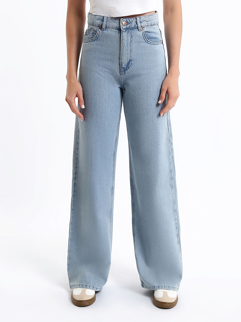 Yüksek Bel Wideleg Kadın Kargo Jean Pantolon-2