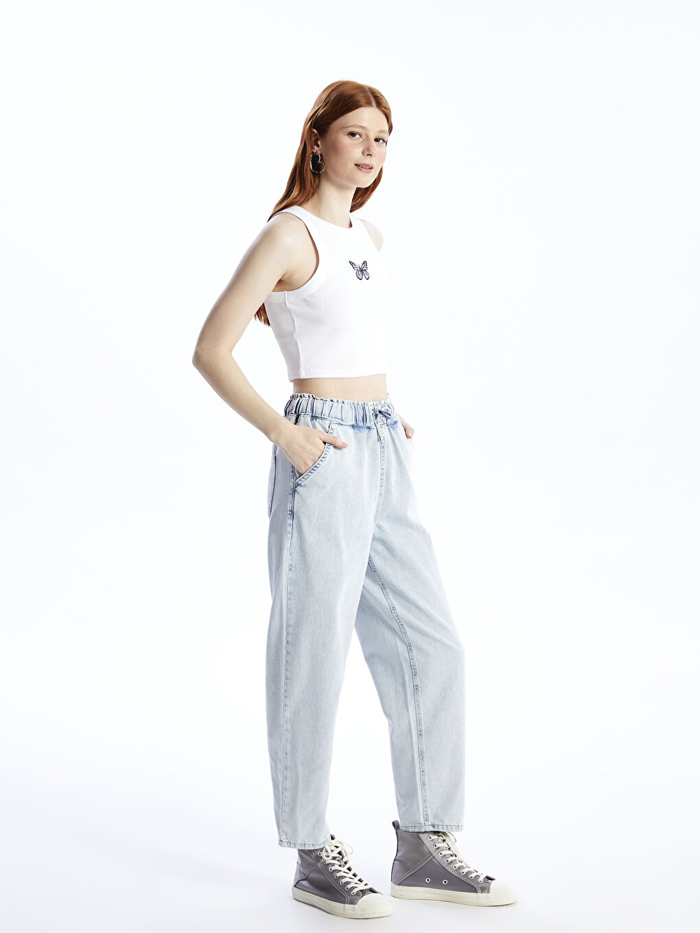 Balloon Fit Women's Jean Trousers with Elastic Waist -S48482Z8-S1D