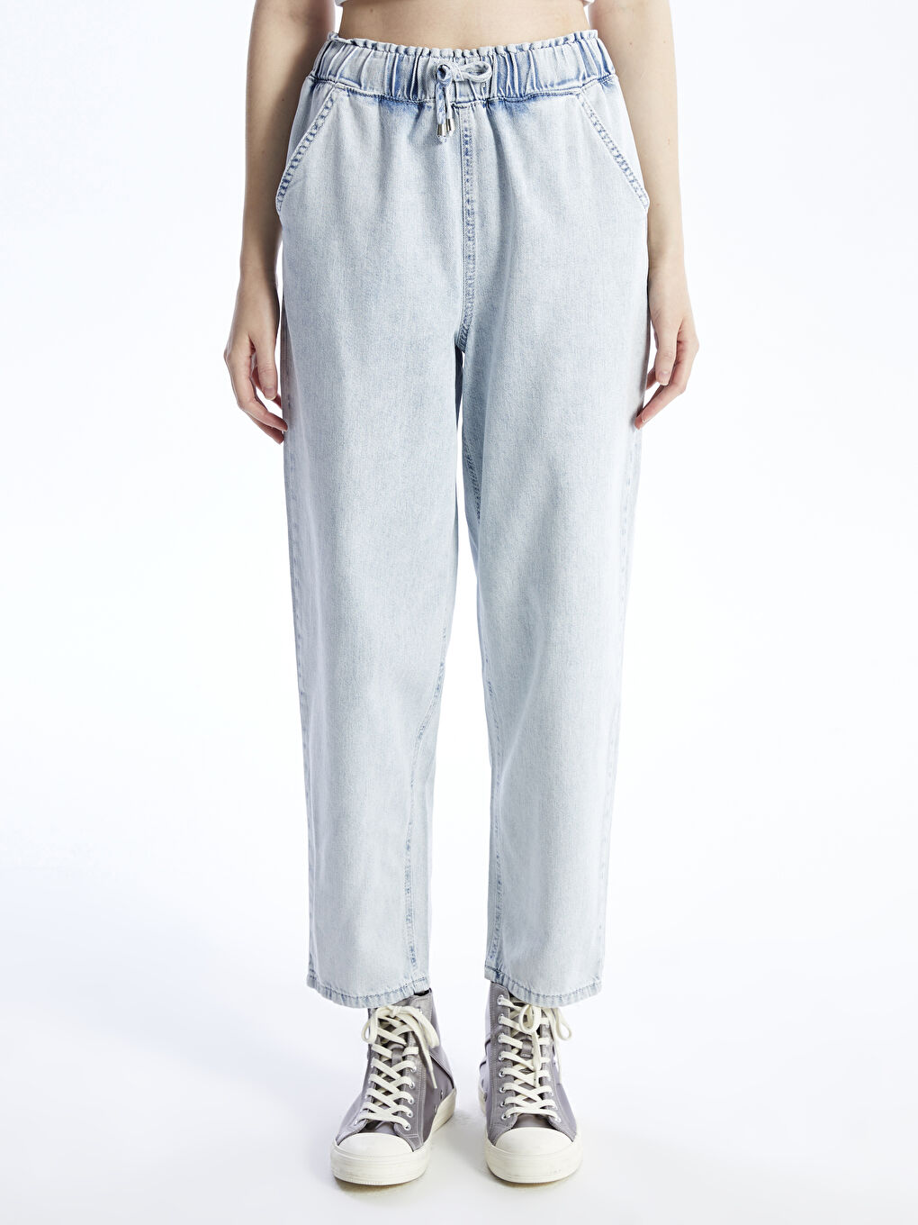 Balloon Fit Women's Jean Trousers with Elastic Waist -S48482Z8-S1D