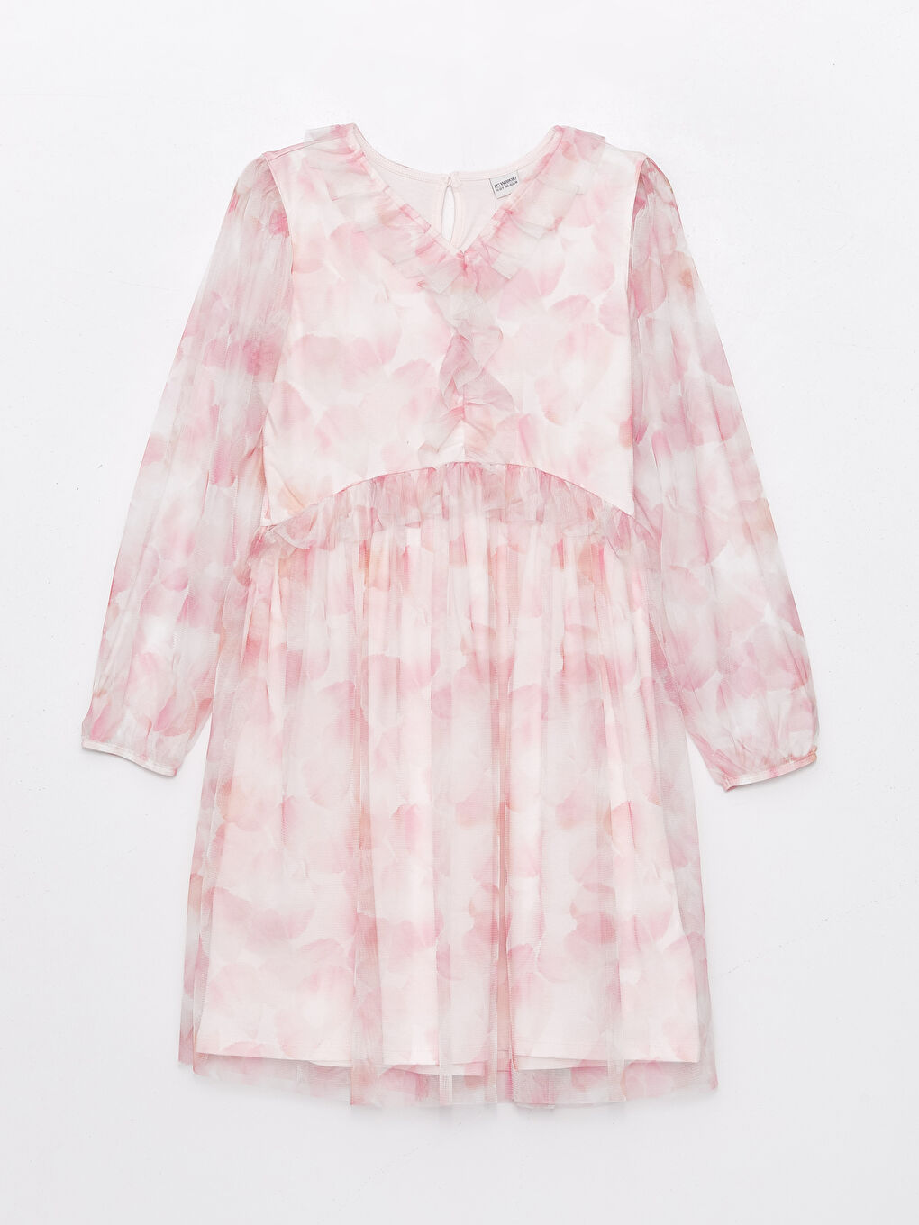 V-Neck Patterned Long Sleeve Girl's Tulle Dress -S48554Z4-LRA
