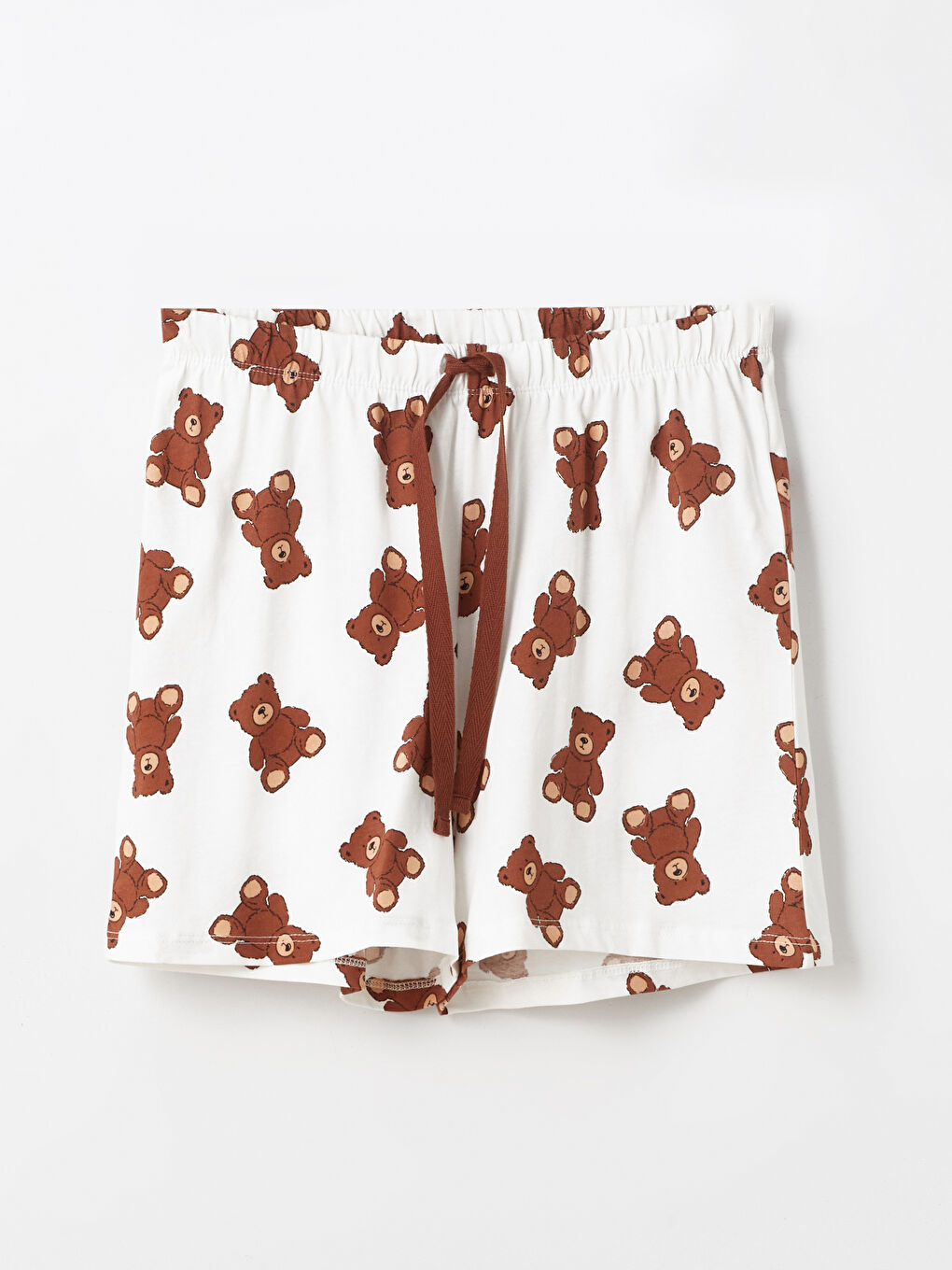 Ekru Beli Lastikli Ayı Teddy Baskılı Kadın Şort Pijama Altı