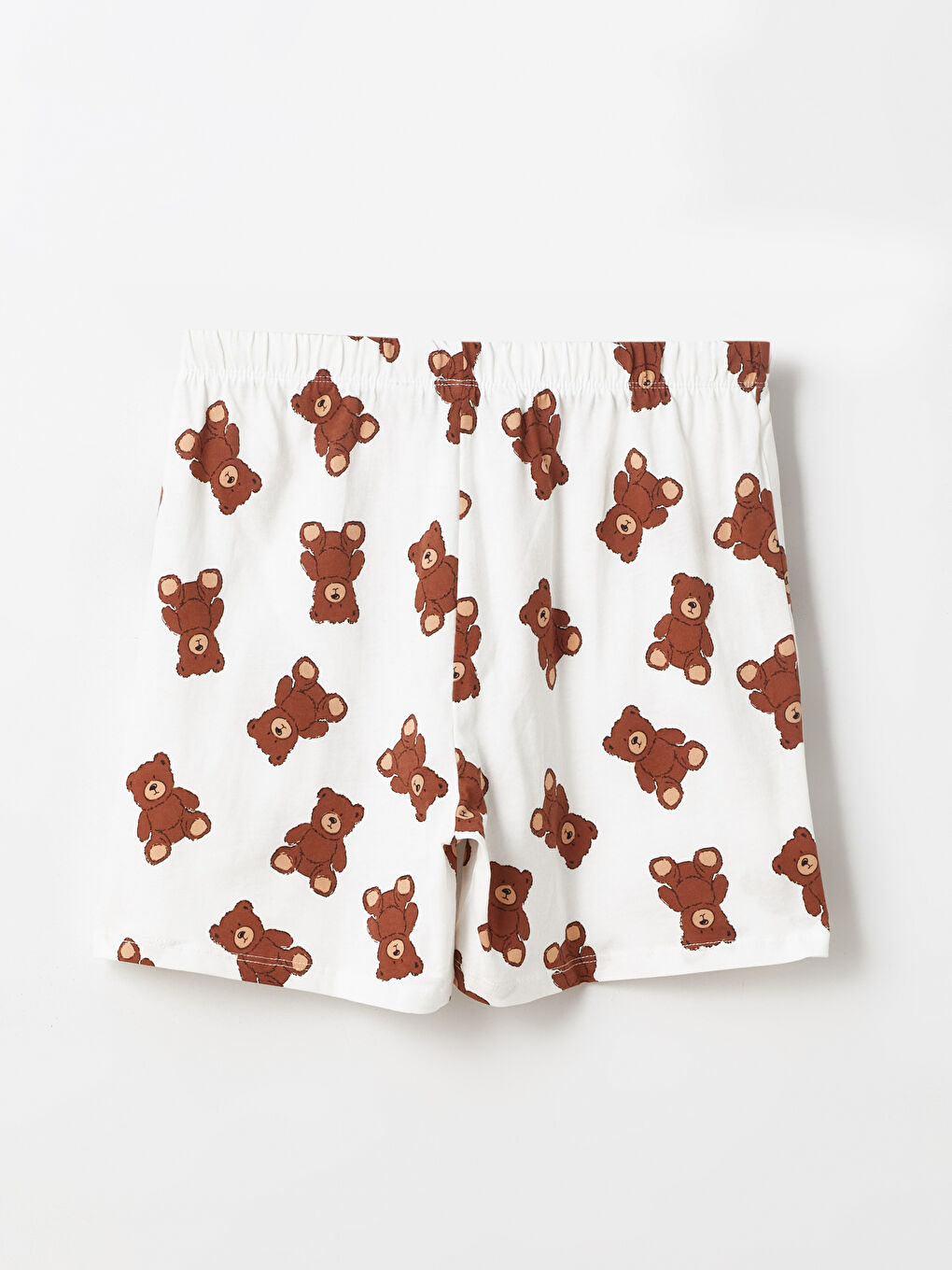 Ekru Beli Lastikli Ayı Teddy Baskılı Kadın Şort Pijama Altı-1