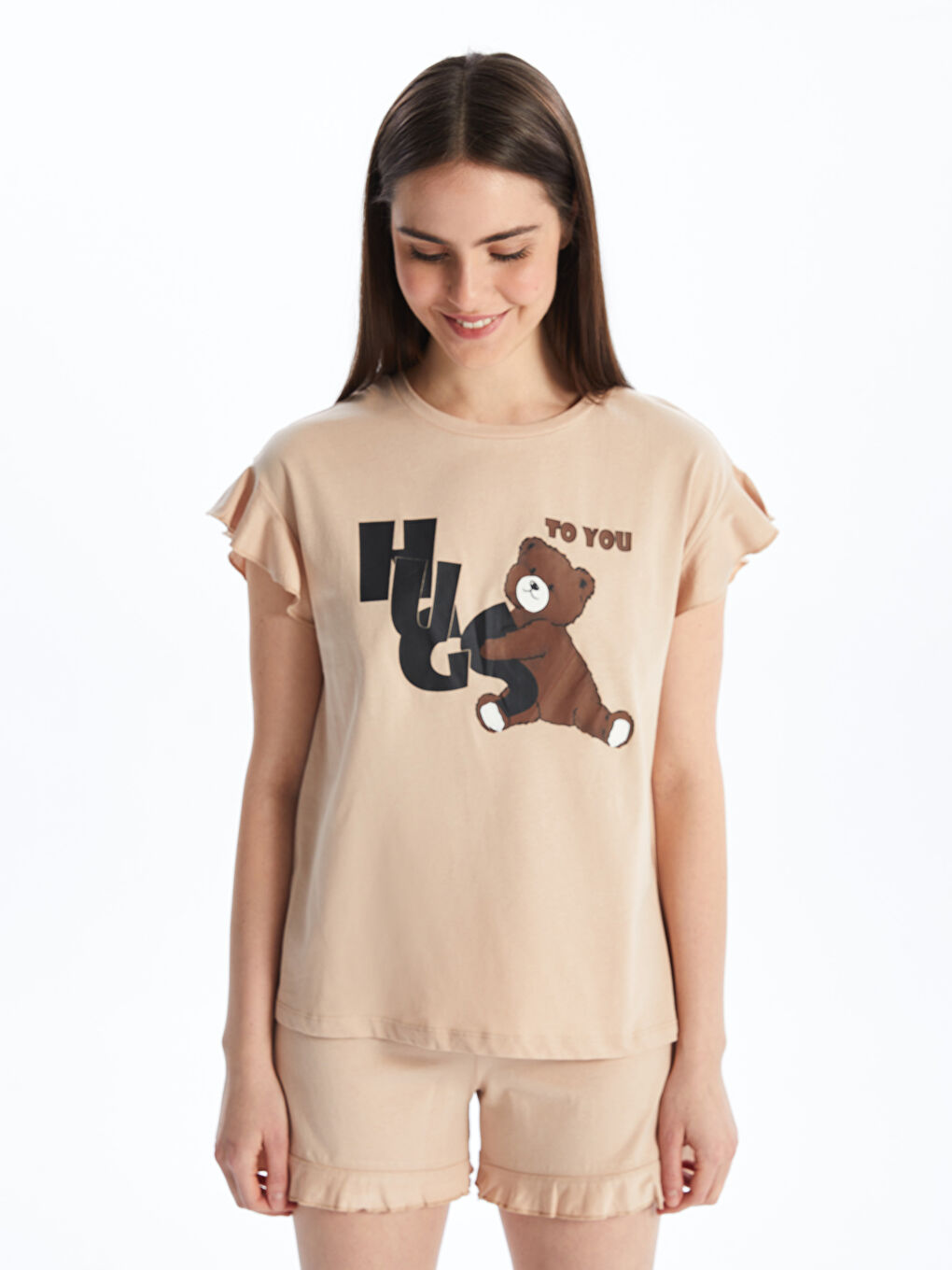 Crew Neck Printed Short Sleeve Women's Short Pajamas Set -S48611Z8-FNR