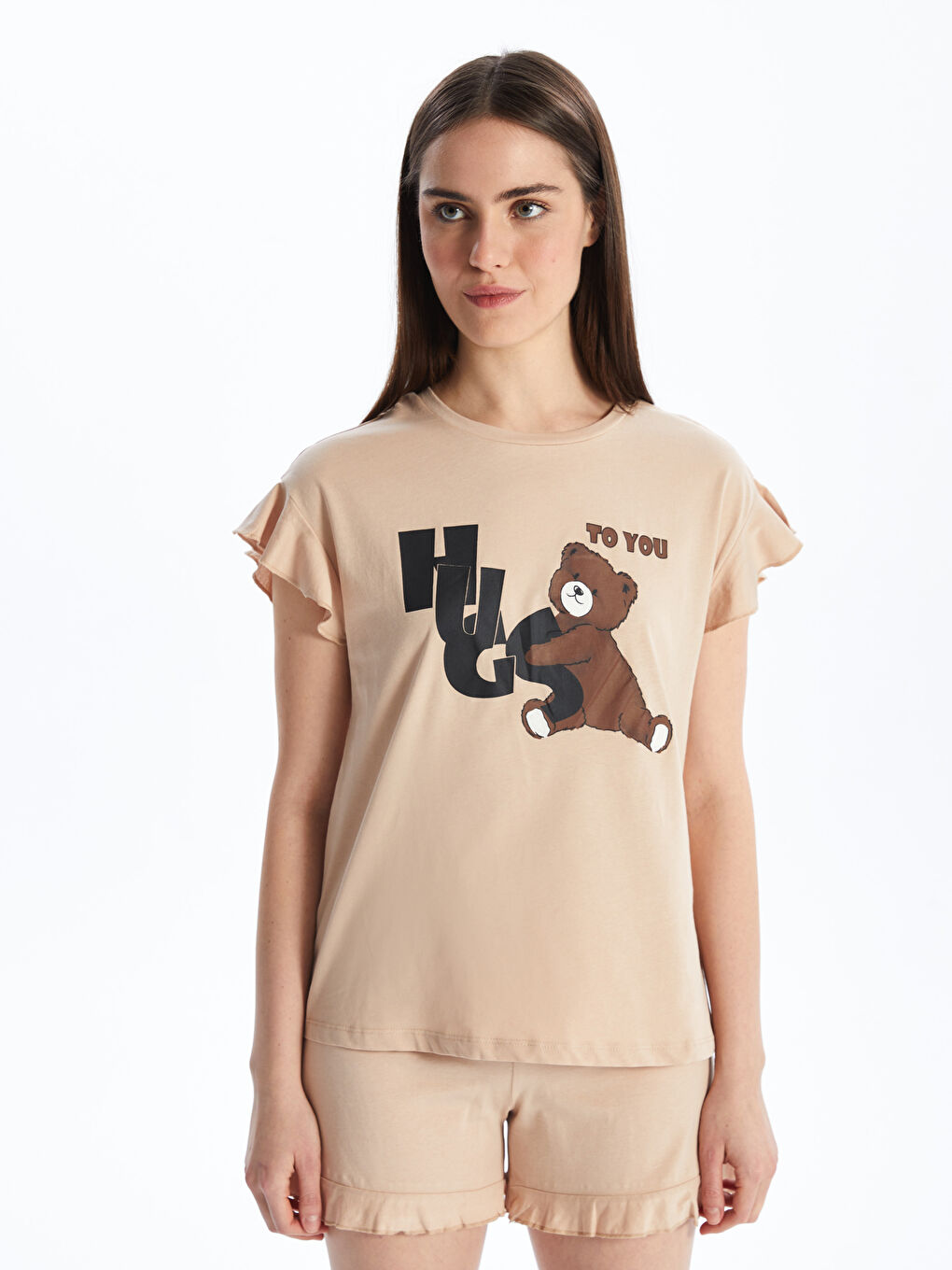 Crew Neck Printed Short Sleeve Women's Short Pajamas Set -S48611Z8-FNR