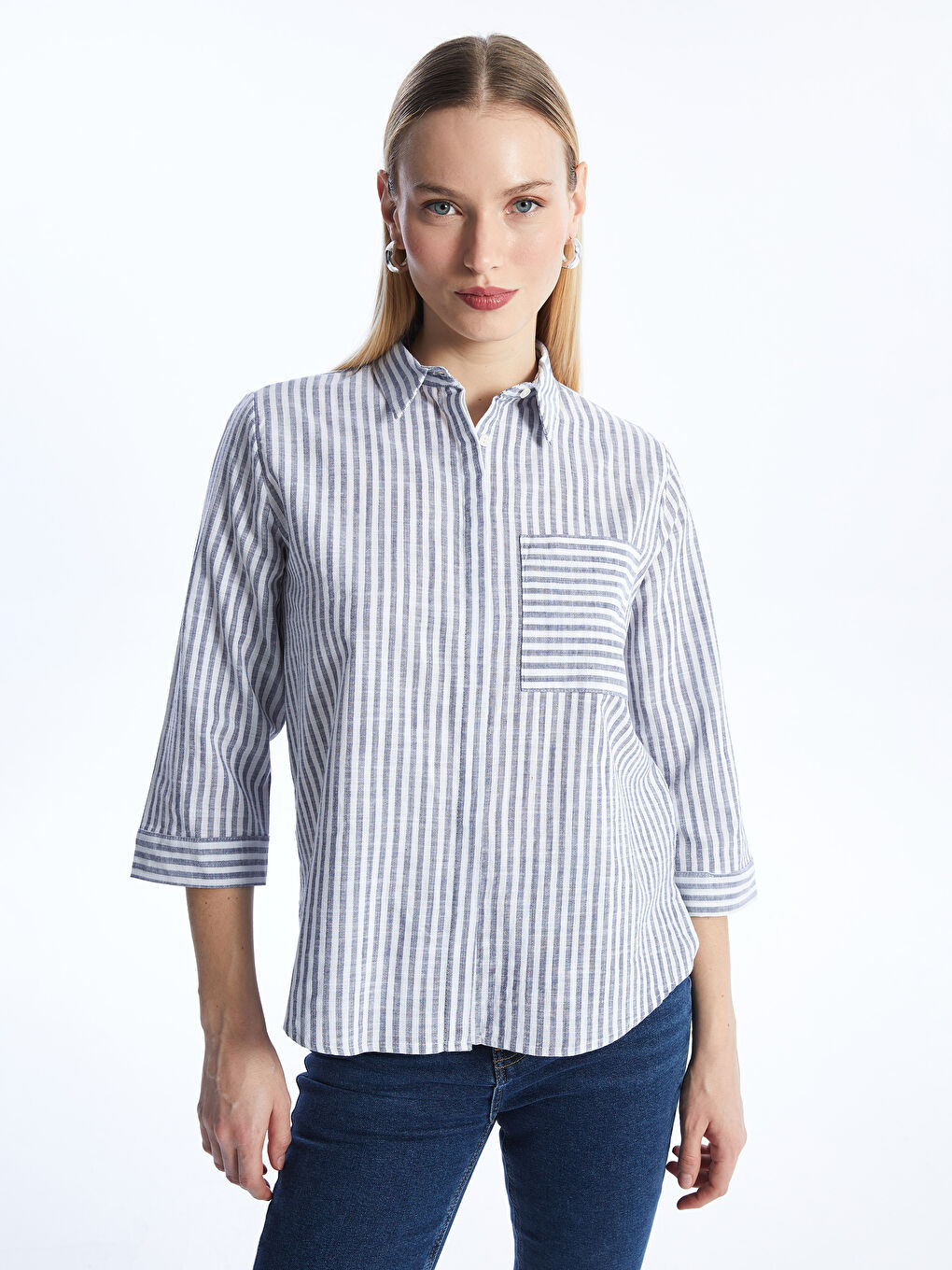 Mavi Çizgili Kadın Gömlek