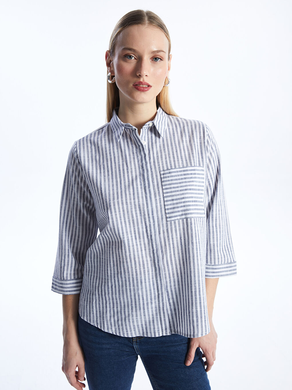 Mavi Çizgili Kadın Gömlek-1