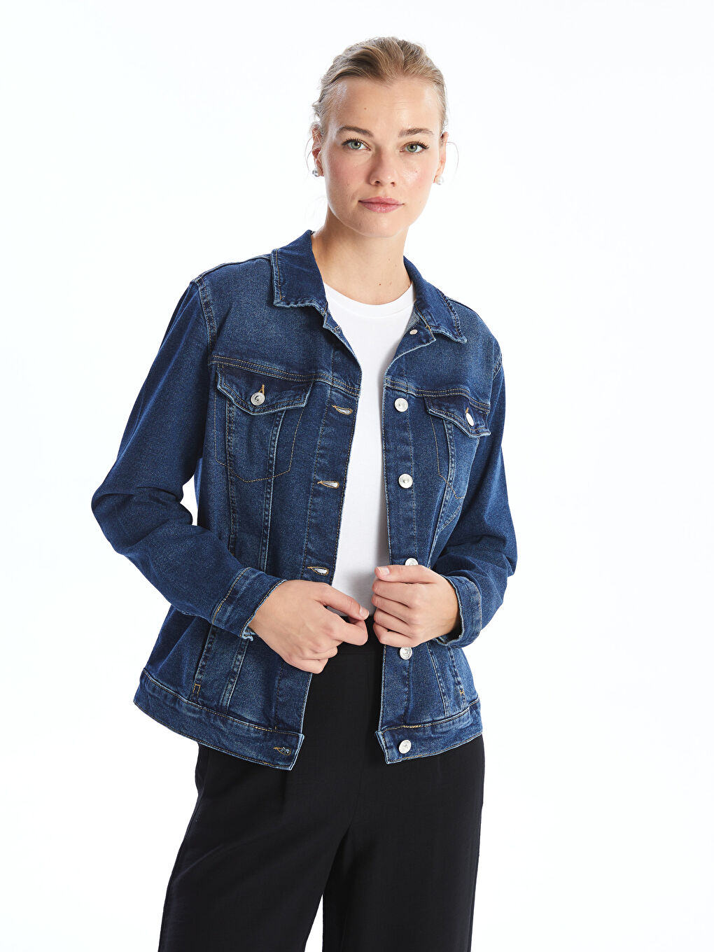 İndigo Gömlek Yaka Kadın Jean Ceket