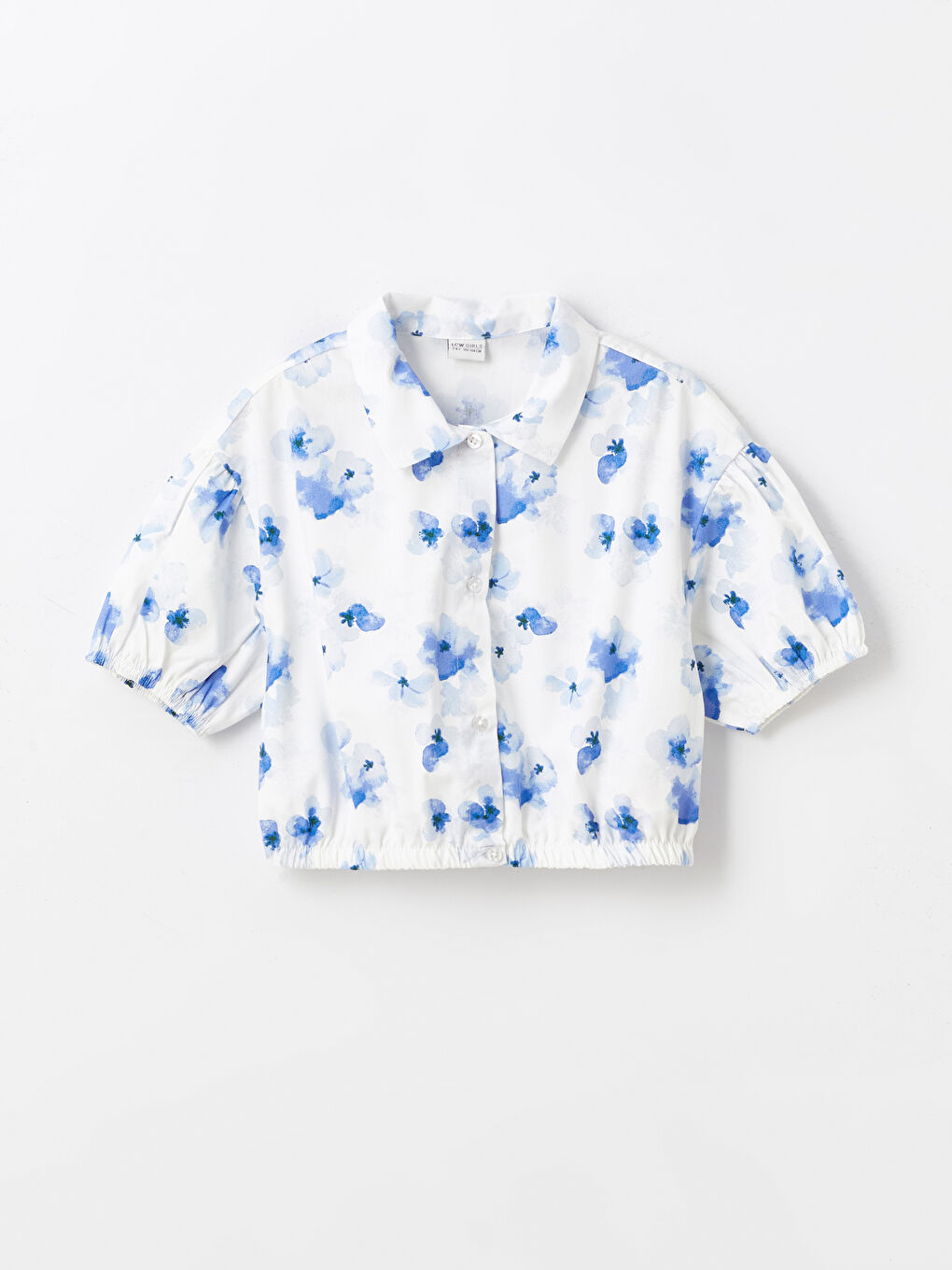 Ekru Çiçekli Kısa Kollu Kız Çocuk Crop Gömlek