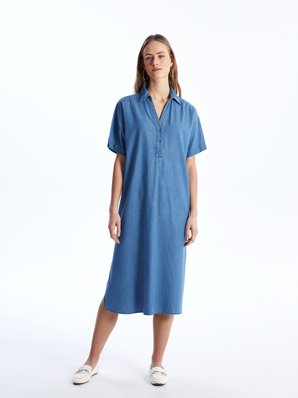 Collared Neck Plain Short Sleeve Women's Denim Dress -S48687Z8-507