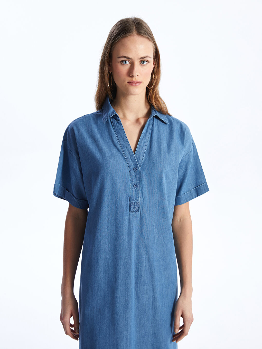 Collared Neck Plain Short Sleeve Women's Denim Dress -S48687Z8-507