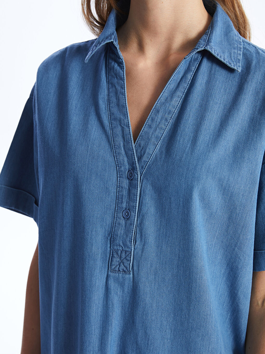 Collared Neck Plain Short Sleeve Women's Denim Dress -S48687Z8-507