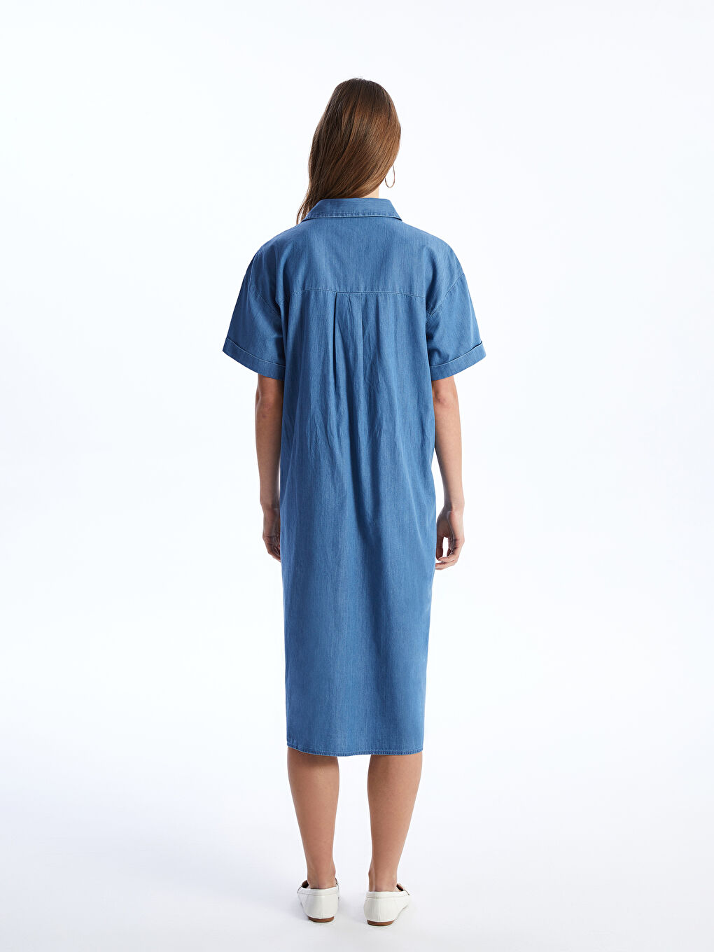 Collared Neck Plain Short Sleeve Women's Denim Dress -S48687Z8-507