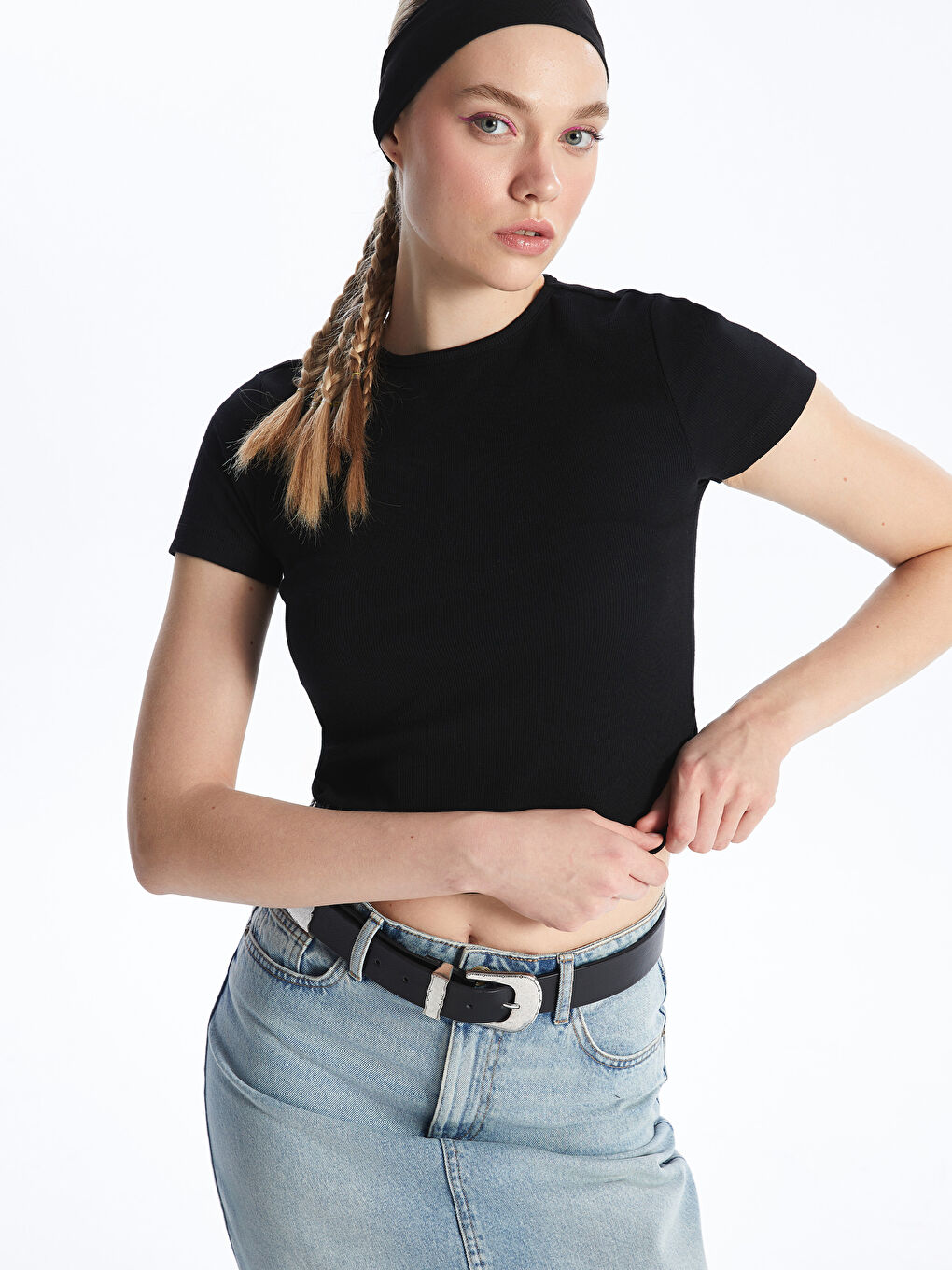 Crew Neck Plain Short Sleeve Women's Crop -S48694Z8-CVL