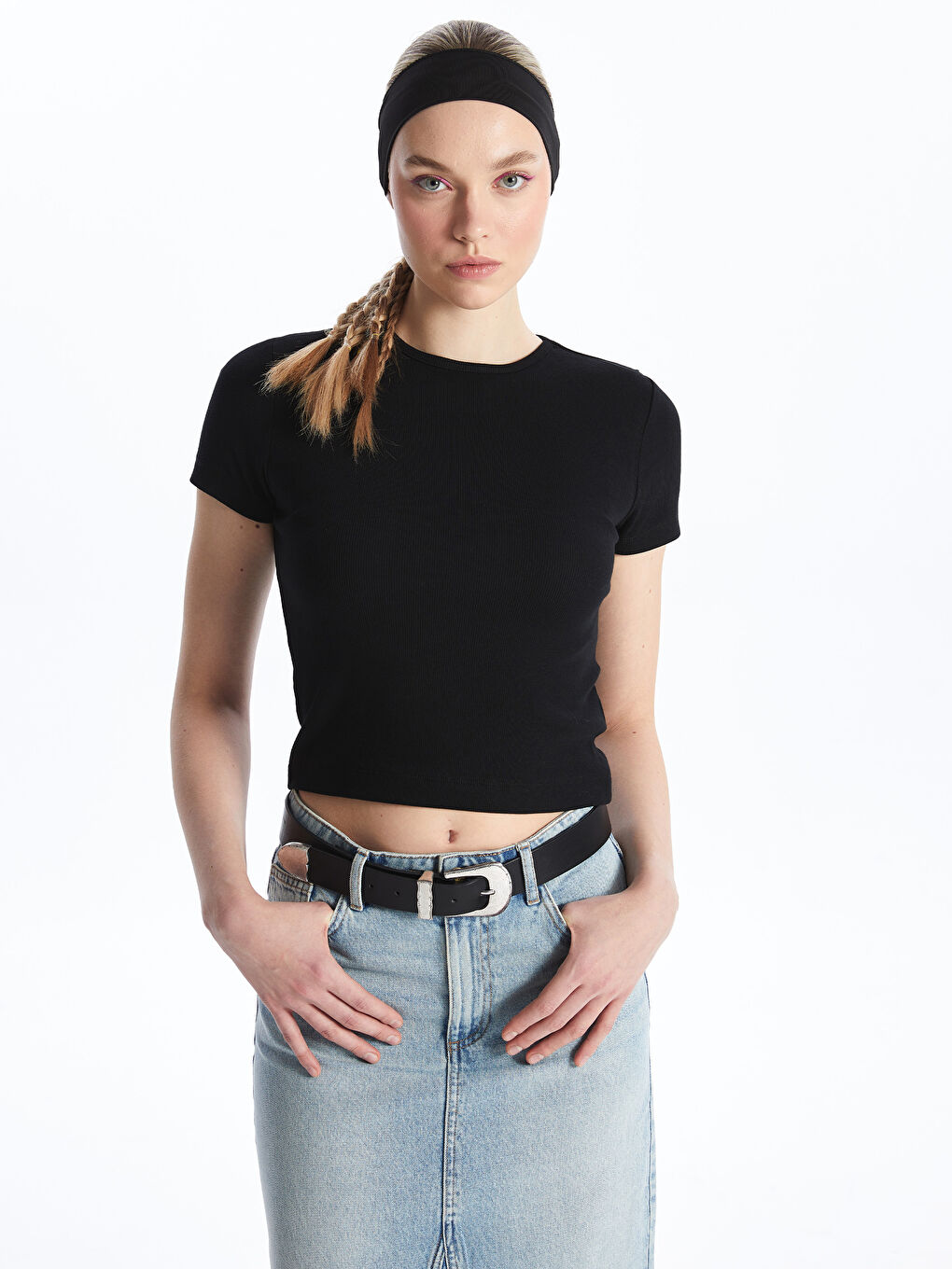 Crew Neck Plain Short Sleeve Women's Crop -S48694Z8-CVL
