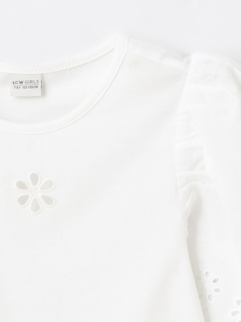 Ekru Bisiklet Yaka Fisto Detaylı Kısa Kollu Kız Çocuk Tişört-4