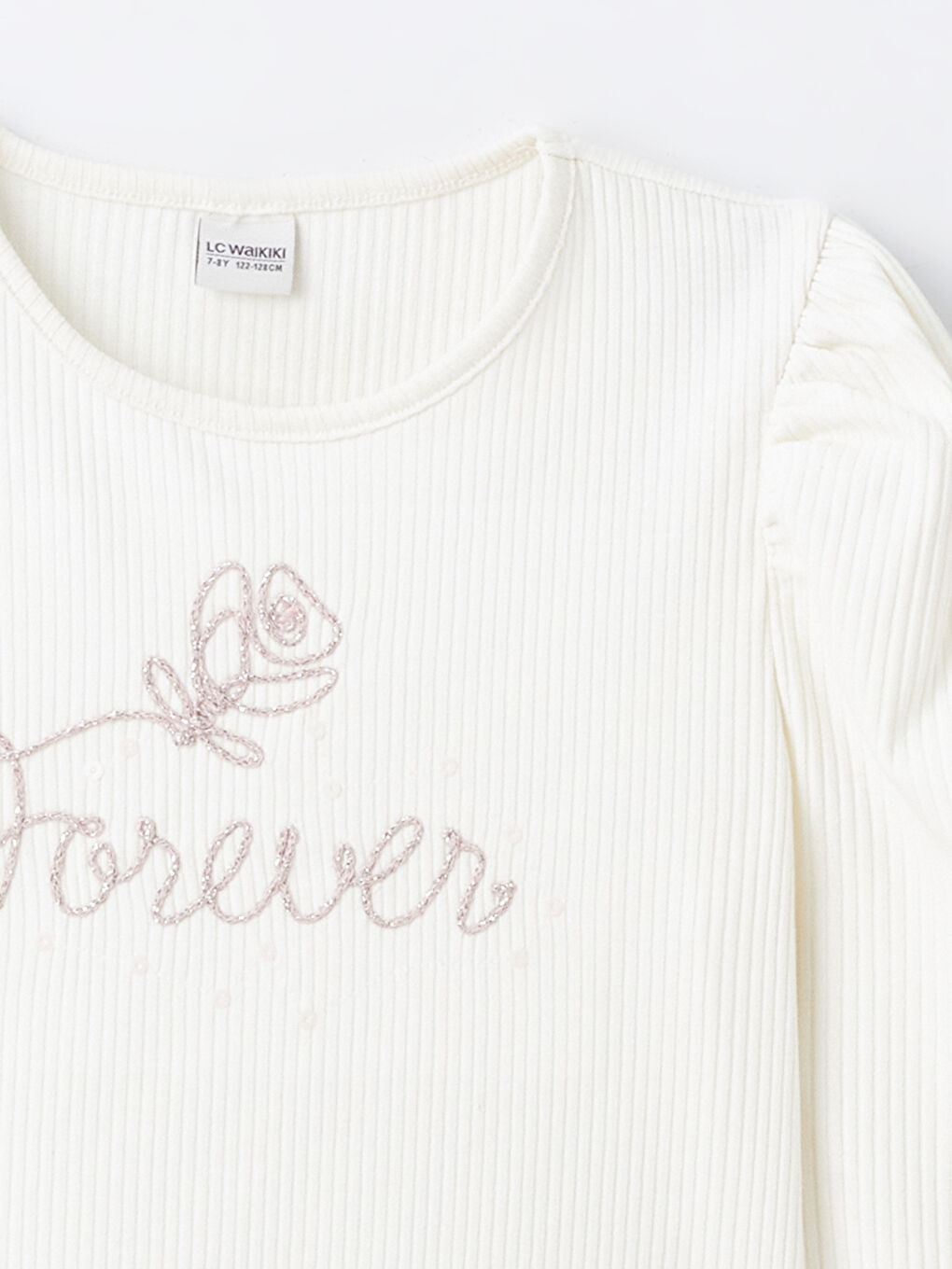 Crew Neck Embroidered Long Sleeve Girl's Crop T-Shirt -S48710Z4-FRC