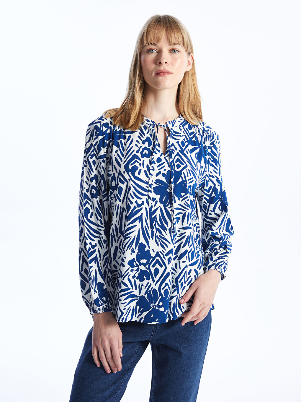 Ženska bluza sa dezenom dugih rukava na vezivanje -S48713Z8-LSJ