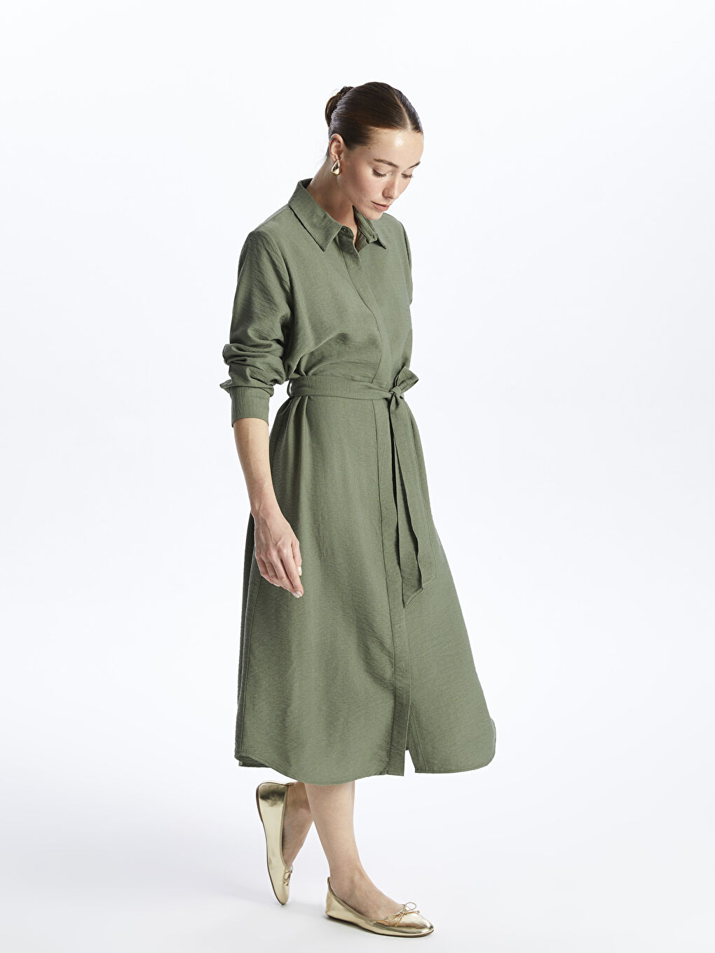 Rochie cămașă simplă cu mânecă lungă pentru femei-2