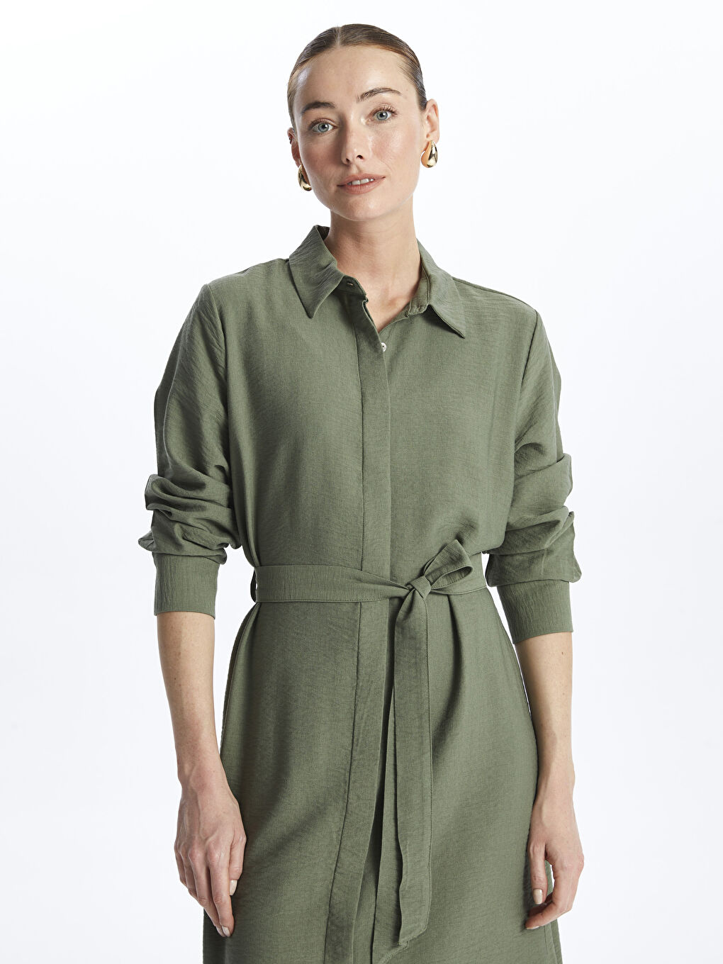 Rochie cămașă simplă cu mânecă lungă pentru femei-3